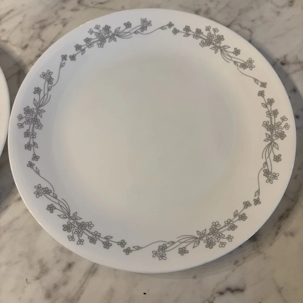 Corelle RIBBON BOUQUET Dinner Plates Gray Flowers Floral‎ Band 10.25